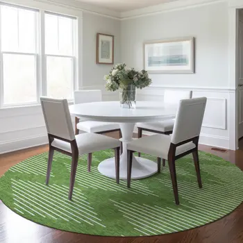 8' Green And Ivory Round Geometric Washable Indoor Outdoor Area Rug