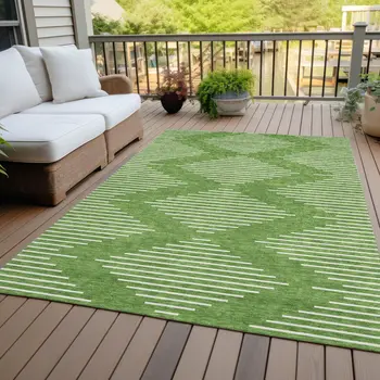 10' X 14' Green And Ivory Geometric Washable Indoor Outdoor Area Rug