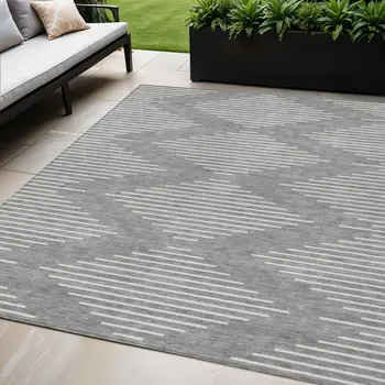 5' X 8' Gray And Ivory Geometric Washable Indoor Outdoor Area Rug