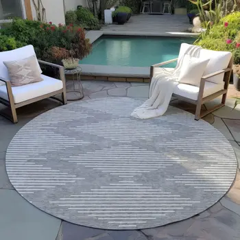 8' Gray And Ivory Round Geometric Washable Indoor Outdoor Area Rug