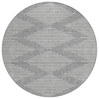 8' Gray And Ivory Round Geometric Washable Indoor Outdoor Area Rug