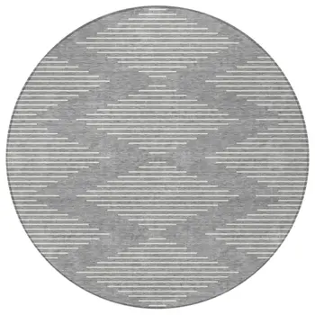 8' Gray And Ivory Round Geometric Washable Indoor Outdoor Area Rug