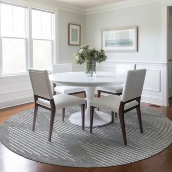 8' Gray And Ivory Round Geometric Washable Indoor Outdoor Area Rug