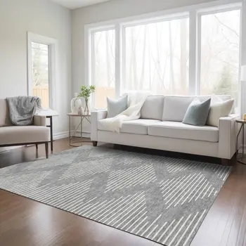 8' X 10' Gray And Ivory Geometric Washable Indoor Outdoor Area Rug