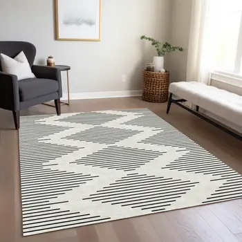 3' X 5' Ivory And Black Geometric Washable Indoor Outdoor Area Rug