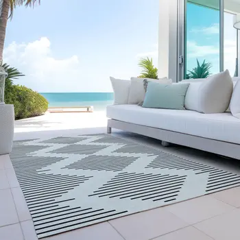 3' X 5' Ivory And Black Geometric Washable Indoor Outdoor Area Rug