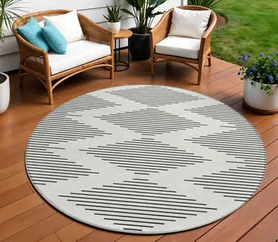 8' Ivory And Black Round Geometric Washable Indoor Outdoor Area Rug