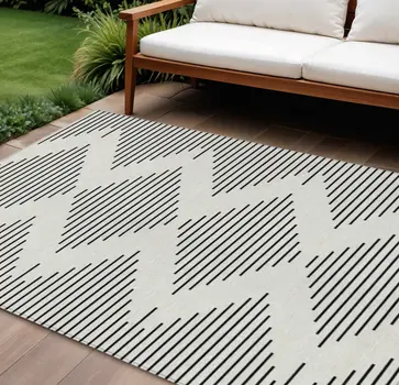 9' X 12' Ivory And Black Geometric Washable Indoor Outdoor Area Rug