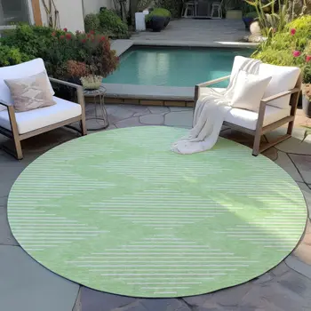 8' Mint Green And Ivory Round Geometric Washable Indoor Outdoor Area Rug