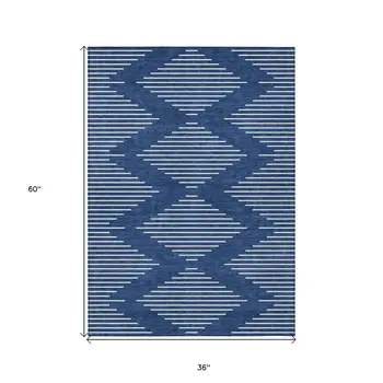 3' X 5' Navy Blue And Ivory Geometric Washable Indoor Outdoor Area Rug