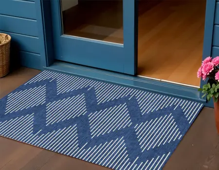 3' X 5' Navy Blue And Ivory Geometric Washable Indoor Outdoor Area Rug