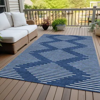 3' X 5' Navy Blue And Ivory Geometric Washable Indoor Outdoor Area Rug