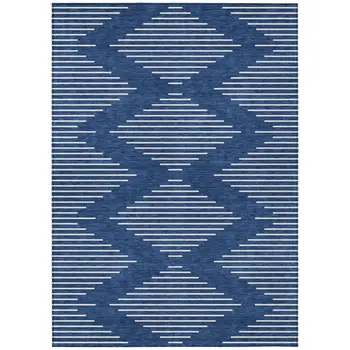3' X 5' Navy Blue And Ivory Geometric Washable Indoor Outdoor Area Rug