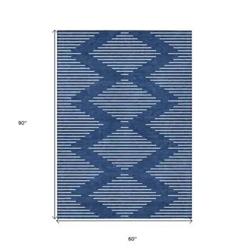 5' X 8' Navy Blue And Ivory Geometric Washable Indoor Outdoor Area Rug