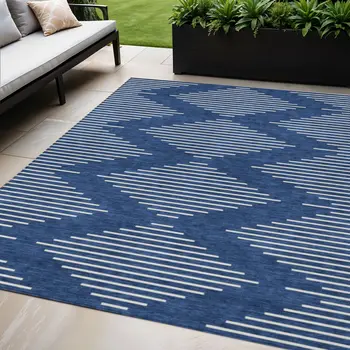 5' X 8' Navy Blue And Ivory Geometric Washable Indoor Outdoor Area Rug
