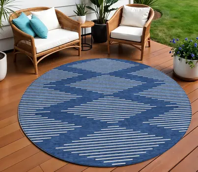 8' Navy Blue And Ivory Round Geometric Washable Indoor Outdoor Area Rug