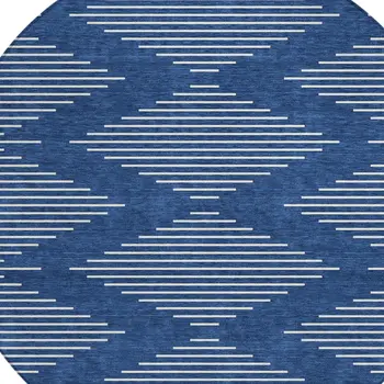 8' Navy Blue And Ivory Round Geometric Washable Indoor Outdoor Area Rug