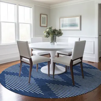 8' Navy Blue And Ivory Round Geometric Washable Indoor Outdoor Area Rug