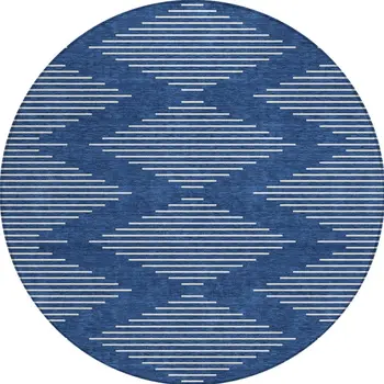 8' Navy Blue And Ivory Round Geometric Washable Indoor Outdoor Area Rug