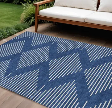 8' X 10' Navy Blue And Ivory Geometric Washable Indoor Outdoor Area Rug