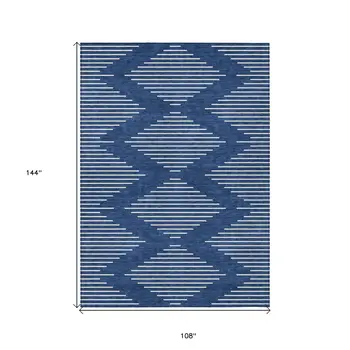 9' X 12' Navy Blue And Ivory Geometric Washable Indoor Outdoor Area Rug