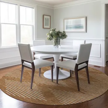 8' Copper And Beige Round Geometric Washable Indoor Outdoor Area Rug