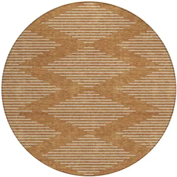 8' Copper And Beige Round Geometric Washable Indoor Outdoor Area Rug