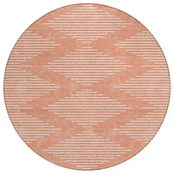 8' Salmon And Ivory Round Geometric Washable Indoor Outdoor Area Rug