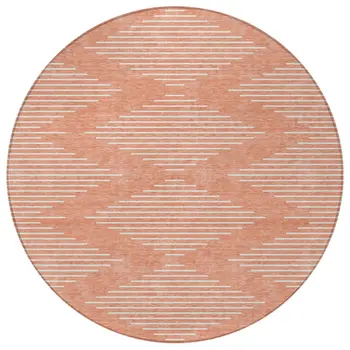 8' Salmon And Ivory Round Geometric Washable Indoor Outdoor Area Rug