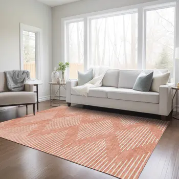 9' X 12' Salmon And Ivory Geometric Washable Indoor Outdoor Area Rug