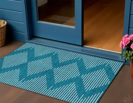 3' X 5' Teal Blue And Ivory Geometric Washable Indoor Outdoor Area Rug