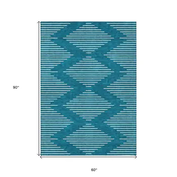 5' X 8' Teal Blue And Ivory Geometric Washable Indoor Outdoor Area Rug