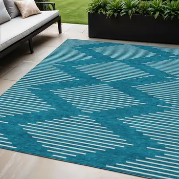 5' X 8' Teal Blue And Ivory Geometric Washable Indoor Outdoor Area Rug