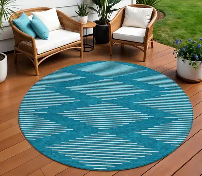8' Teal Blue And Ivory Round Geometric Washable Indoor Outdoor Area Rug