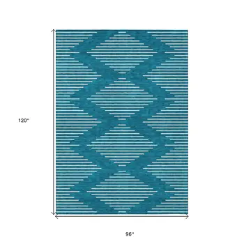 8' X 10' Teal Blue And Ivory Geometric Washable Indoor Outdoor Area Rug