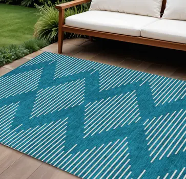 8' X 10' Teal Blue And Ivory Geometric Washable Indoor Outdoor Area Rug