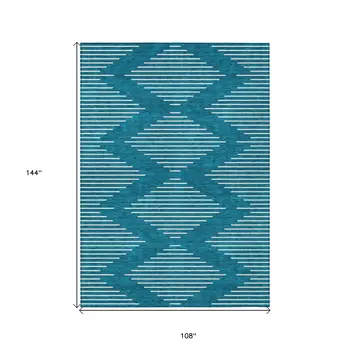 9' X 12' Teal Blue And Ivory Geometric Washable Indoor Outdoor Area Rug