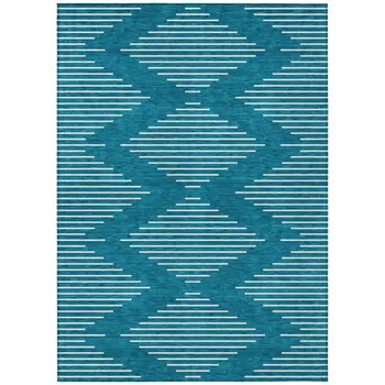10' X 14' Teal Blue And Ivory Geometric Washable Indoor Outdoor Area Rug