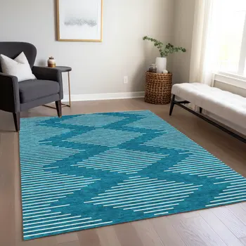 10' X 14' Teal Blue And Ivory Geometric Washable Indoor Outdoor Area Rug