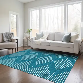 10' X 14' Teal Blue And Ivory Geometric Washable Indoor Outdoor Area Rug