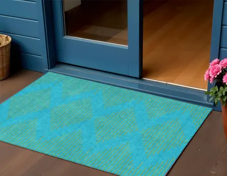 3' X 5' Aqua And Green Geometric Washable Indoor Outdoor Area Rug