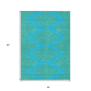 3' X 5' Aqua And Green Geometric Washable Indoor Outdoor Area Rug