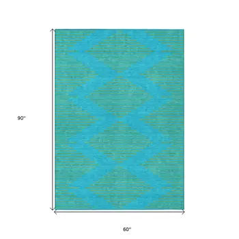 5' X 8' Aqua And Green Geometric Washable Indoor Outdoor Area Rug