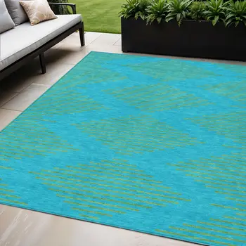 5' X 8' Aqua And Green Geometric Washable Indoor Outdoor Area Rug