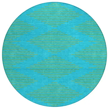 8' Aqua And Green Round Geometric Washable Indoor Outdoor Area Rug