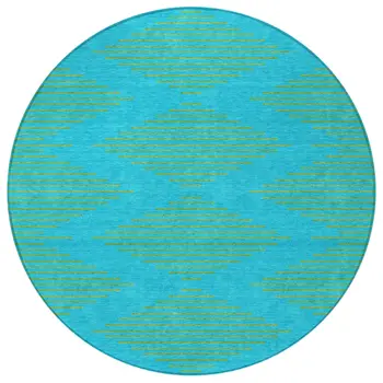 8' Aqua And Green Round Geometric Washable Indoor Outdoor Area Rug