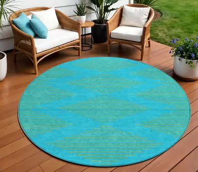 8' Aqua And Green Round Geometric Washable Indoor Outdoor Area Rug