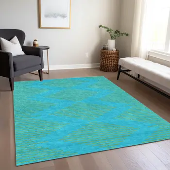 8' X 10' Aqua And Green Geometric Washable Indoor Outdoor Area Rug