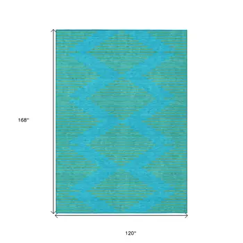 10' X 14' Aqua And Green Geometric Washable Indoor Outdoor Area Rug