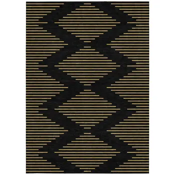 5' X 8' Black And Beige Geometric Washable Indoor Outdoor Area Rug